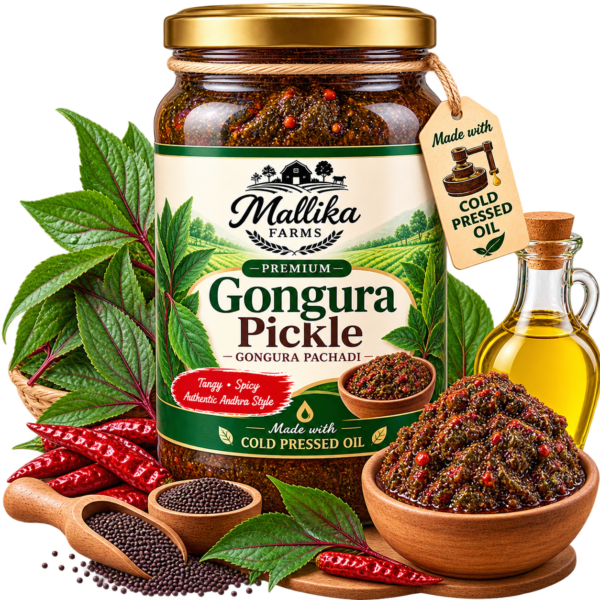 Buy Premium Gongura Pickle from Mallika Farms, made with cold-pressed oil and traditional spices for authentic Andhra-style Gongura Pachadi flavor.
